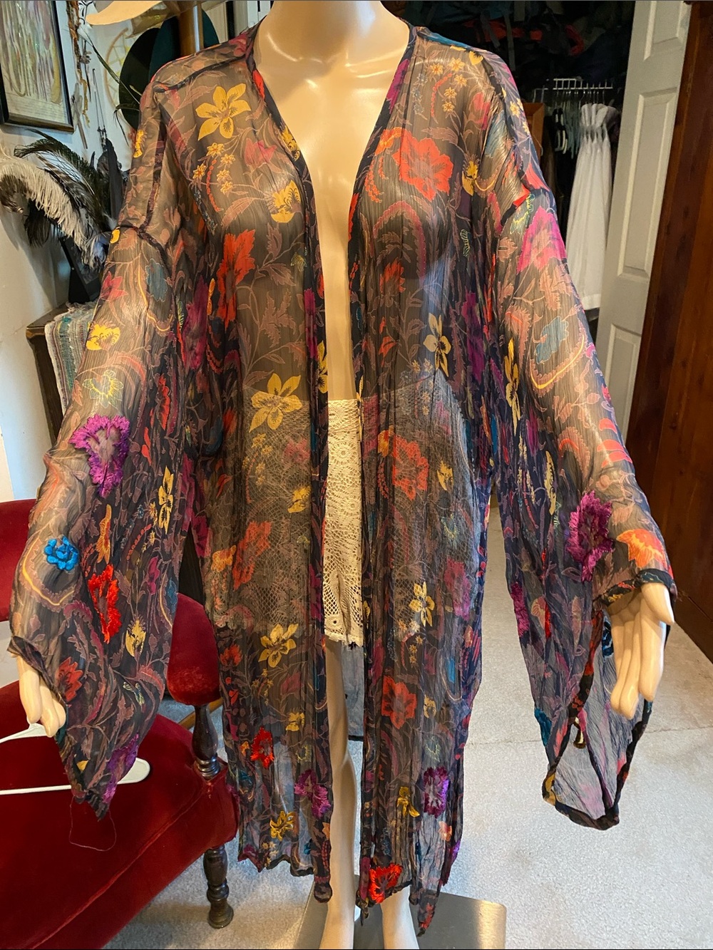 Free People Burgundy Floral Sheer Kimono/Duster